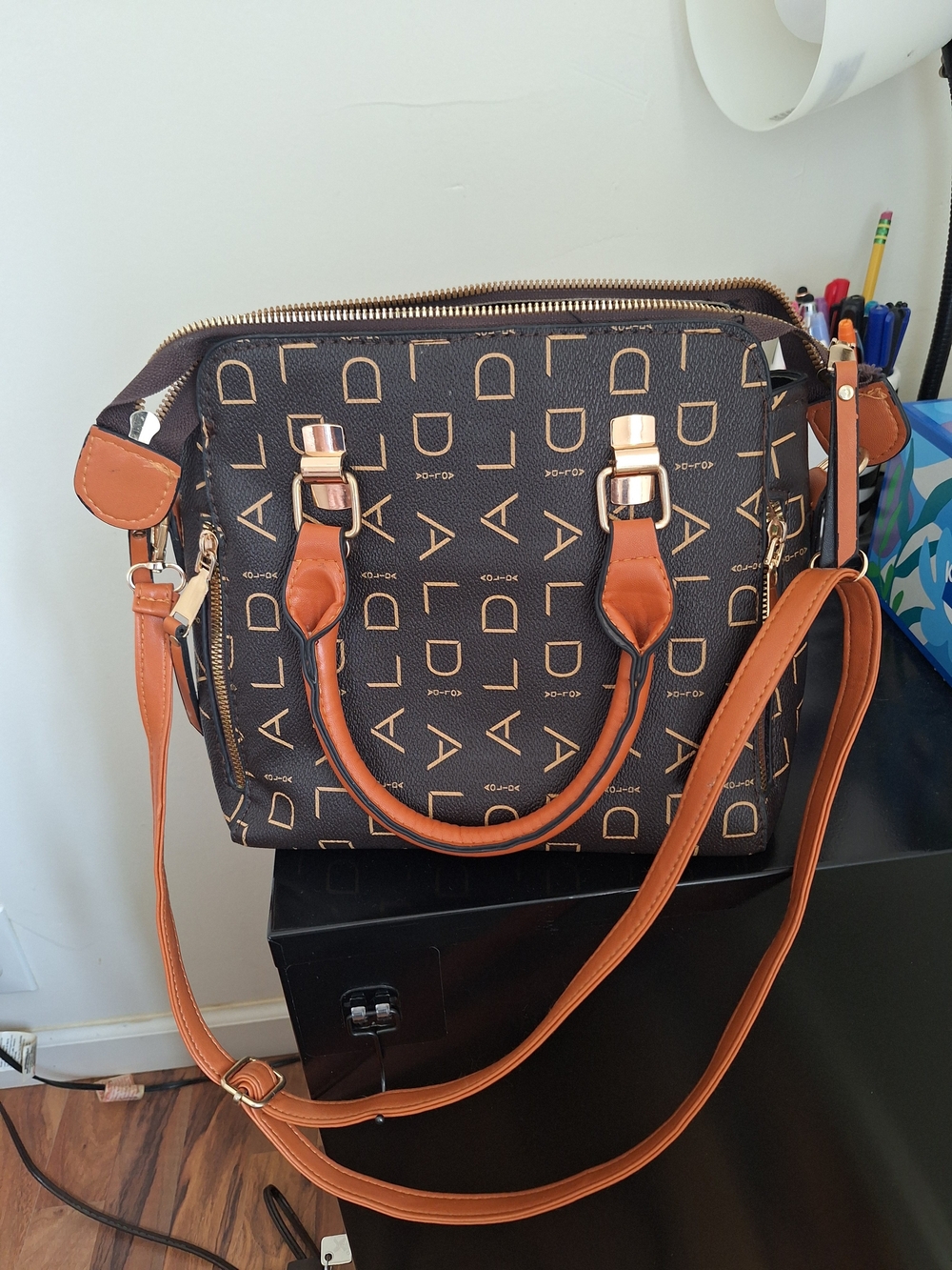 Brown Monogram Satchel Handbag with Tan Trim